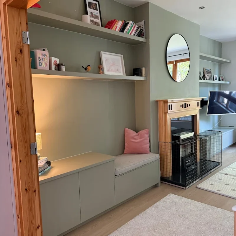 A view of a custom build TV unit feature wall by SMD Carpentry Dublin